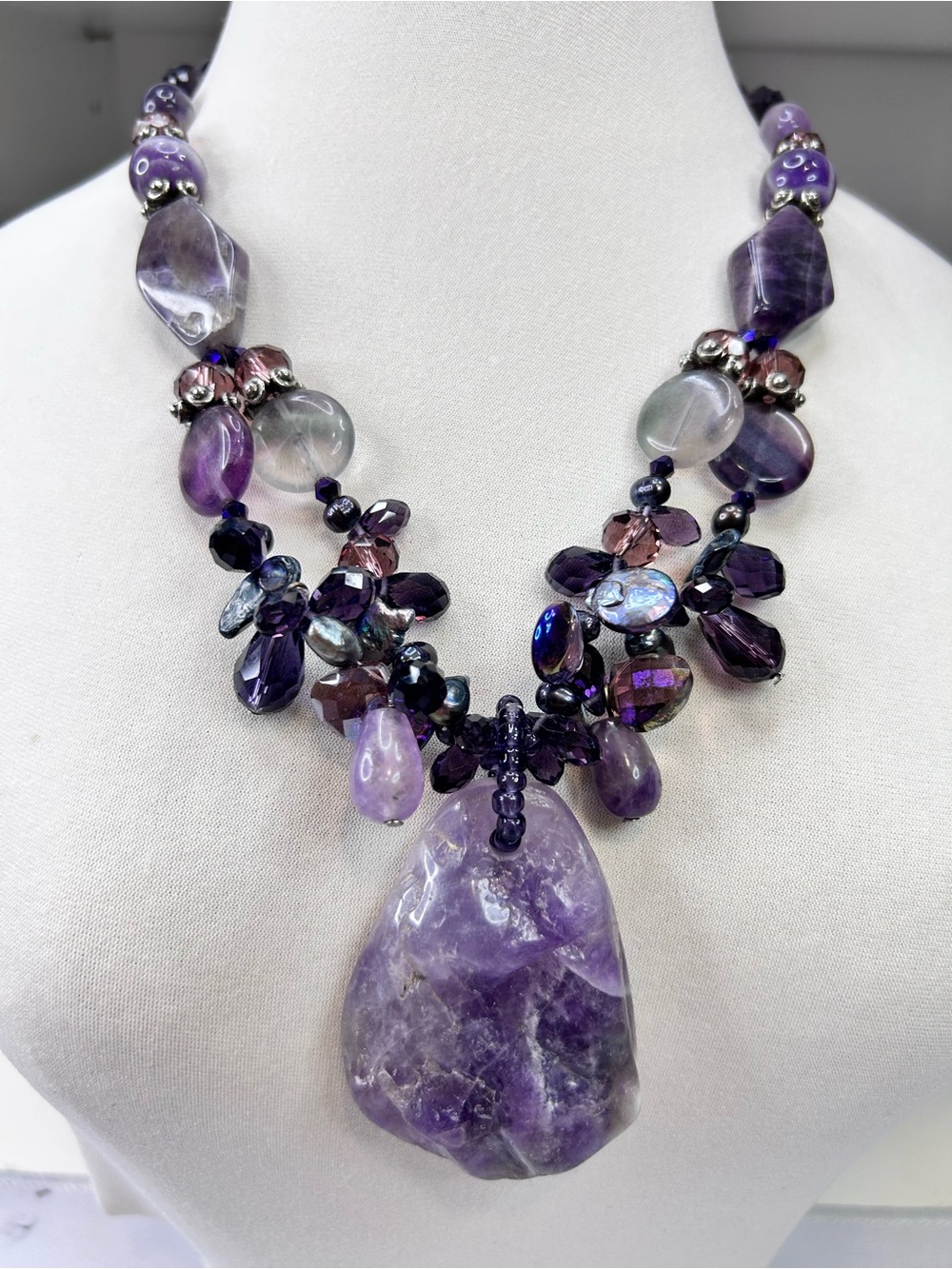 Amethyst, Flourite, Genuine Pearl, Crystal purple Statement Necklace - Brand